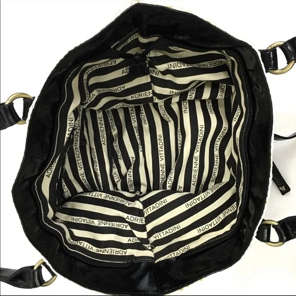 Adrienne Vittadini Nautical Black White Straw Summer Tote Bag - Picture 7 of 16